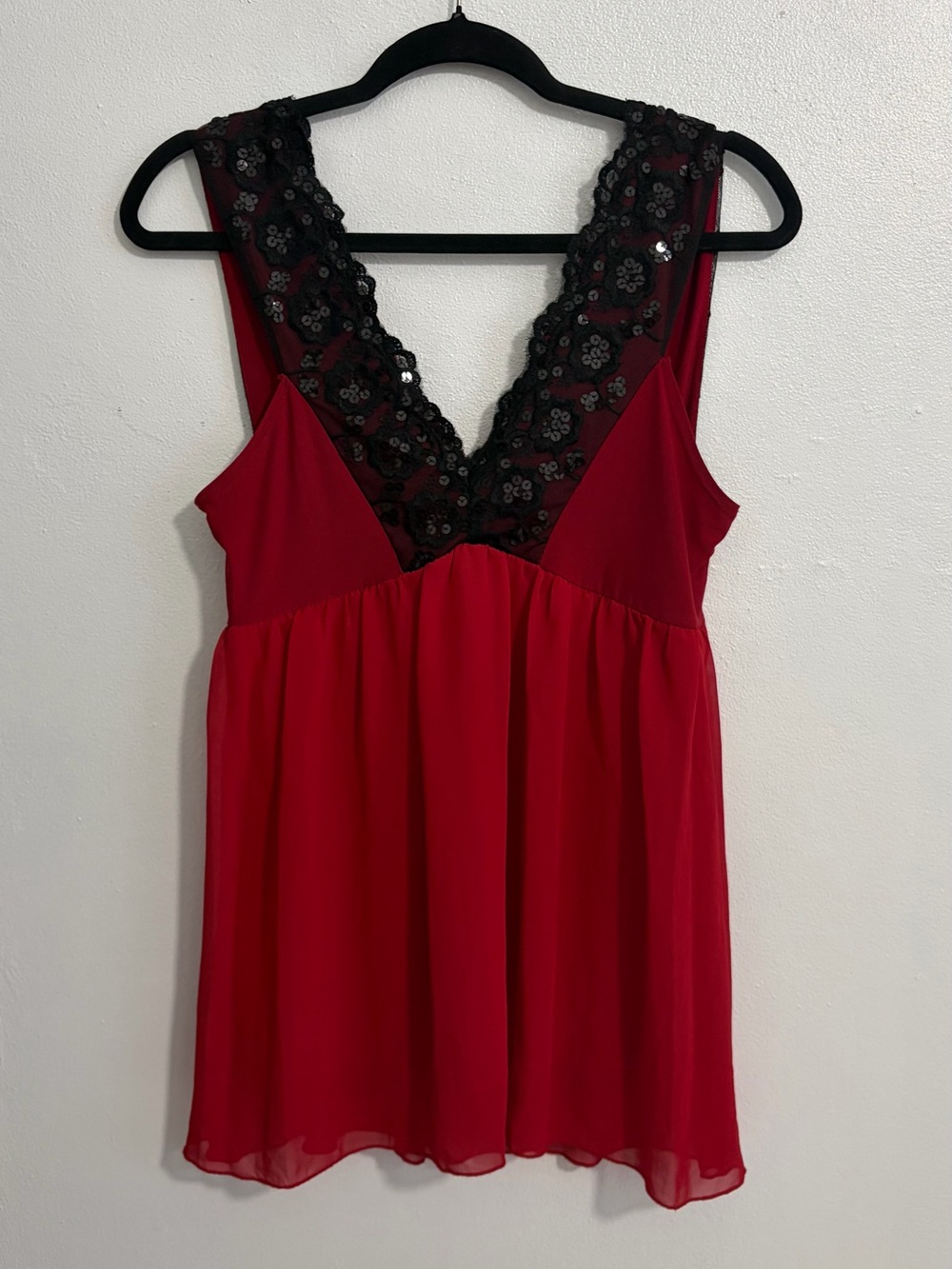 Red Lace-Trim V-Neck Chemise with Black Sequin Detail